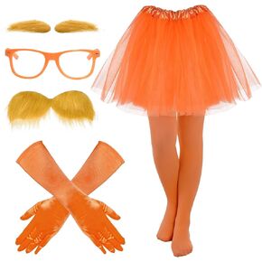 6pcs Orange Costume Yellow Eyebrows Fake Mustache Orange Glasses Tulle Tutu Skirt Gloves Pantyhose for World Book Day Halloween Cosplay Dress Up