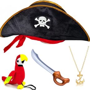 4pcs pirate hat skull print & حشوة الكتف الببغاء والسيوف القابلة للنفخ ومرساة قلادة قلادة ، قلادة القراصنة أزياء الأزياء للأطفال طفل الأطفال البالغين للبالغين للرجال لحفلات عيد الهالوين.