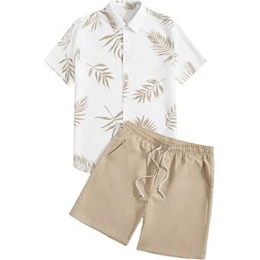 Verdusa Men's 2 Piece Outfit Colorblock Button Up Shirt and Drawstring Waist Shorts Sets