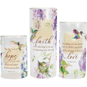 Elanze Designs God of Hope - Faith Knowing He Will - Greatest Is Love - 1 Corinthians 13:13 10, 8 and 6 Inch Multicolor Glass Holder - includes 3 Inch LED Pillar Candles; Set of 3
