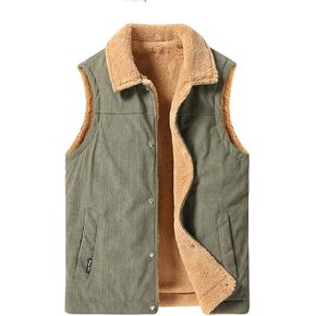 Perbai Mens Winter Warm Fleece Vest Button Down Lapel Sherpa Lined Corduroy Sleeveless Jacket