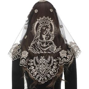 Bozidol Virgin Mary Chapel Veil for Church Catholic, Mother of God Embroidered Mantilla Veils Lace Head Coverings for Women