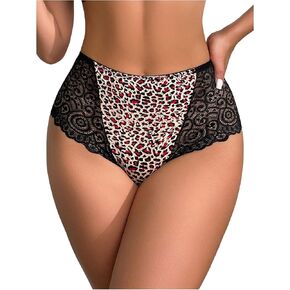 SOLY HUX Women's Lace Sheer Leopard Print Briefs High Rise Sexy Underwear Panties