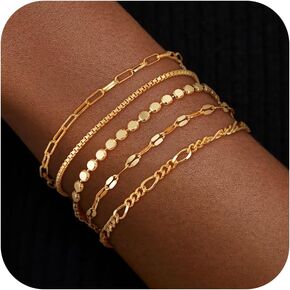 Gold Bracelets for Women, 14K Gold Plated Stackable Bracelets Dainty Paperclip Rope Cuban Figaro Snake Box Link Chain Bracelets Pack Gold Waterproof Jewelry for Women Non Tarnish