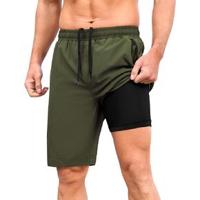 SILKWORLD Men's Athletic Running Shorts 2 in 1 Quick Dry Basketball Training Shorts 9 Inch Gym Workout with Zip Pockets