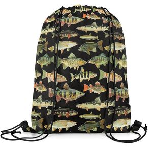 Feelyou Fishing Drawstring Backpack 13x15.7inch Vintage Pike Fish Waterproof Gym Drawstring Bags Fishing and Hunting Beach Swim Travel Bag Sackpack