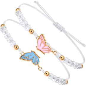 2PCS Friendship Bracelet, Butterfly Matching Bracelets Adjustable Best Friend Bracelet for 2 Handmade Charm Friendship Bracelets for Women Couples
