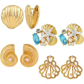 Chunky Gold Earring for Women Seashell Earrings Ocean Conch shell Earrings set Cute Pearl Earring Clip on Everyday Earring for Women