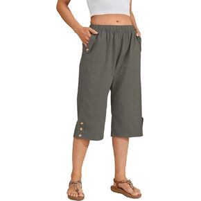 Women Summer Capri Pants Casual Wide Leg Elastic Waist Lightweight Cropped Loose Pants with Pockets