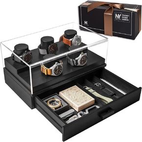 Holme & Hadfield Premium 5-Slot Wooden Watch Display Case مع ضمان العمر-صندوق مراقبة الرجال المصنوع يدويًا مع درج التبعي-هدية عيد الأب لهواة جمع العملات-بنيت إلى LAST