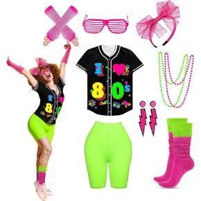 80s 90s Outfit for Women 80s Accessories Set Baseball Jersey Shirt neon Shorts Slouch Socks Headband