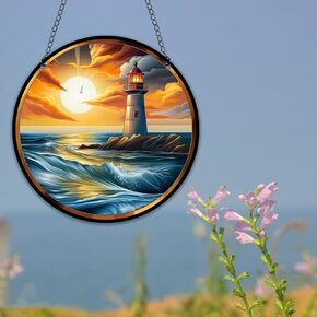 HOTIYOK Ocean Lighthouse Window Hangings Acrylic Sunrise Scenery Stained Glass Panels Wall Decor for Indoor, Ideal Housewarming Gift Home Decor for Mom Grandma Wife Teacher