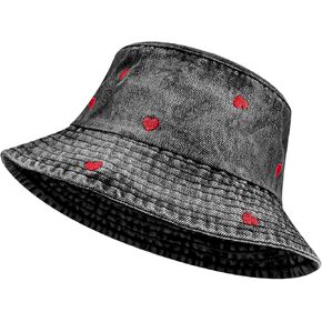 Denim Heart Bucket Hats, Packable Beach Jean Hat Cotton Summer Lightweight Wide Brim Cap, Outdoor Fishermen Hat