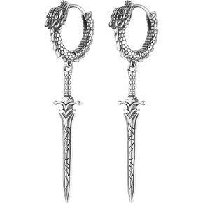 HZMAN Sword Dangle Drop Earrings for Men Gothic Punk Stainless Steel Dragon Knight Earring Hinged Huggie Hoop Earring Jewelry Gift