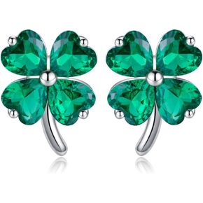 Reffeer Solid 925 Sterling Silver CZ Leaf Stud Earrings Clover for Women Teens Shamrock Earrings Studs Leaf Clover