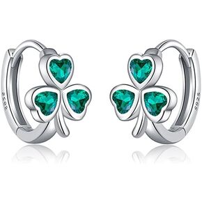 Sluynz 925 Sterling Silver Cz Love Clover Hoop أقراط للنساء Teen Girls Green Shamrock Huggie أقراط للصيف