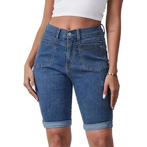 Women's Casual Straight Leg Long Denim Shorts Elastic Bermuda Jean Shorts