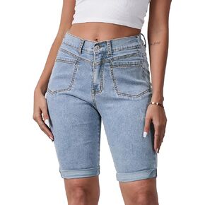 Women's Casual Straight Leg Long Denim Shorts Elastic Bermuda Jean Shorts in Kuwait