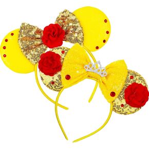 Sparkle Yellow Mouse Ears Headbands with Bow Rose Gold Classic Red for Women Birthday Parties Cosplay Accessories (Yellow rose)