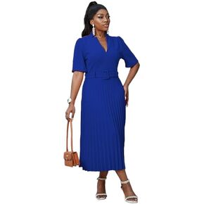 HuiSiFang Women's Elegant Pleated Dress Dressy Short Sleeve Elegant Formal A Line Dresses with Belt in Kuwait