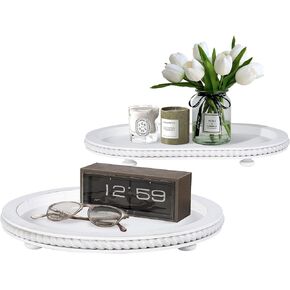 Urban Deco Decorative Trays for Home Decor, White Stripes Perfume Tray, Oval Wooden Trays for Coffee Table and Tea Tray for Living Room, Kitchen, Farmhouse Decor (1-Pk)
