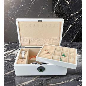 White Wood Jewelry Box with Fingerprint Lock, Jewelry Storage Box&Organizer for Women, with Necklace Hanger and Mirror inside, Mother's Gifts (1L-WT)