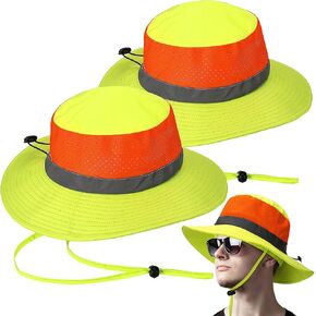 2 Pcs Unisex Adult Hi Vis Cooling Sun Hat for Men Women Adjustable Foldable Reflective Wide Brim Bucket Hats for Hiking Outdoor Construction Workers