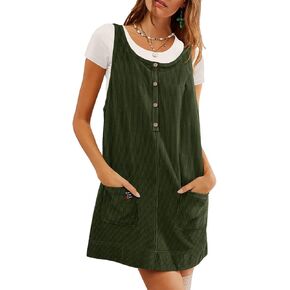 YESNO Corduroy Overalls Dresses for Women Scoop Neck A Line Jumper Mini Dress with Pockets PCM