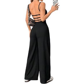 OYOANGLE Women's Scoop Neck Open Back Long Pants Jumpsuits Spaghetti Strap Overalls Summer Outfits