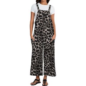OYOANGLE Women's Leopard Print Strap Bib Overalls Sleeveless Straight Leg Long Jumpsuits with Pocket