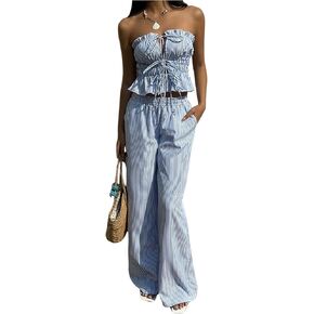 WDIRARA Women's 2 Piece Set Striped Strapless Bandeau Wide Leg Pants Pants Outfits