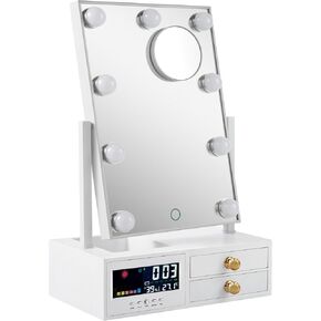 Star Vision 3-in-1 Large Lighted Hollywood Mirror & Jewelry Organizer & Digital Thermometer Hygrometer Clock, 3 Color Tones & Dimmable Light, 2-Layer Drawers, Includes a 10X Magnification Mirror