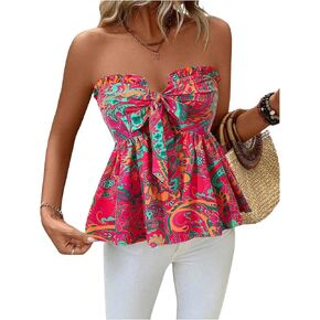 SOLY HUX Women's Tube Top Boho Floral Print Strapless Sleeveless Tie Front Ruffle Hem Summer Tops