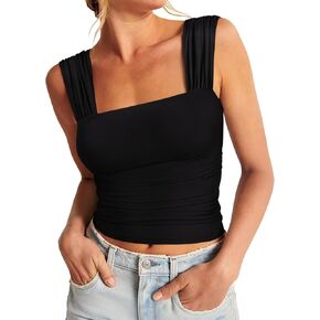 REORIA Womens Sexy Square Neck Double Lined Mesh Sheer Ruched Crop Going Out Tops Y2k Trendy Cute Tank Top Summer Outfits