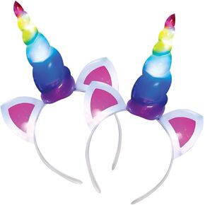 ArtCreativity Light Up Rainbow Unicorn Headbands for Girls, Set of 2, Birthday Headband with Flashing Horn, Costume Accessories, Party Supplies and Decorations