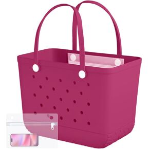 X-Large Rubber Beach Bag Tote Waterproof Tote Bag with Zipper Pocket Modern Travel Tote Bag Sports Beach (Rose Red, X-Large)