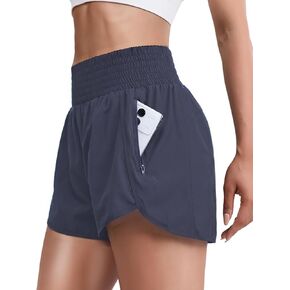 Women Zipper Workout Shorts High Waisted Quick Dry Running Athletic Shorts Liner with Pockets Gym Fitness Side Slit