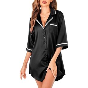 Ekouaer Women's Nightgown Silk Sleep Shirt Satin Button Down Nightshirt 3/4 Sleeve Notch Collar Sleepwear S-XXL