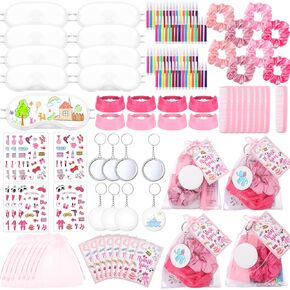 192 Pcs Eye Mask Sleepover Party Supplies Include White Eye Sleep Shade Blindfold Fabric Marker Pens Hair Band Scrunchies Comb Keychains Graffiti Mirrors Stickers Card Organza Bag for Women