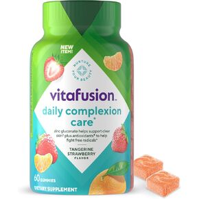 Vitafusion Daily Care (1) ، يساعد ملحق الجمال في دعم البشرة الواضحة (1) (2) مع غلوكونات الزنك ، بالإضافة إلى الفيتامينات E&C ، نكهة الفراولة اليوسفي ، 60