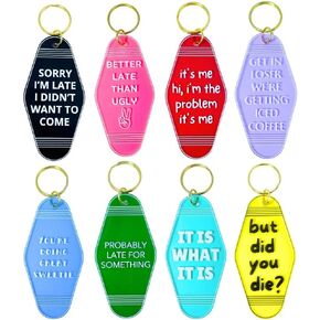 8PC Funny Motel Keychain Hotel Keychains Vintage Retro Cool Fun Cute Snarky Quirky Sarcastic Sayings Plastic Acrylic with Ring Pink Bulk for Adults Women Novelty Custom Gag Gifts Accessories