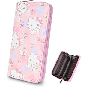 Cartoon Cat Long Wallet, 7.4 x 4.0 Inches Pink Cute PU Leather Purse, Card Holder with Zipper Closure for Girls Women