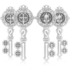 4 Pcs St Benedict Medals Keychain 5.04 x 2.09 Inch Silver Enamel Double Side Saint Benedict Key Medal, Cross Protection Keychain