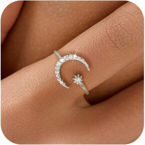 Suyacs 925 Sterling Silver Star and Moon Rings for Women 14K Gold Plated Open Open CZ ATRING RINGER FARCENT RING NEWS