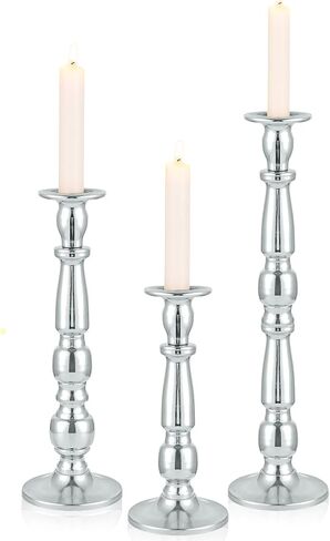 Silver Metal Candlesticks Set of 3, Pillar Taper Candle Holders, Metal Centerpiece Tall Candlesticks Set Candle Holders for Wedding Table Centerpieces, Living Room, Dining Room, Fireplace in Saudi Arabia