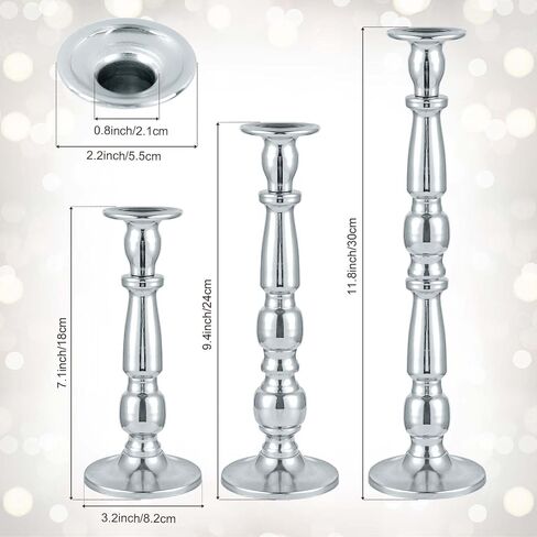 Silver Metal Candlesticks Set of 3, Pillar Taper Candle Holders, Metal Centerpiece Tall Candlesticks Set Candle Holders for Wedding Table Centerpieces, Living Room, Dining Room, Fireplace in Saudi Arabia