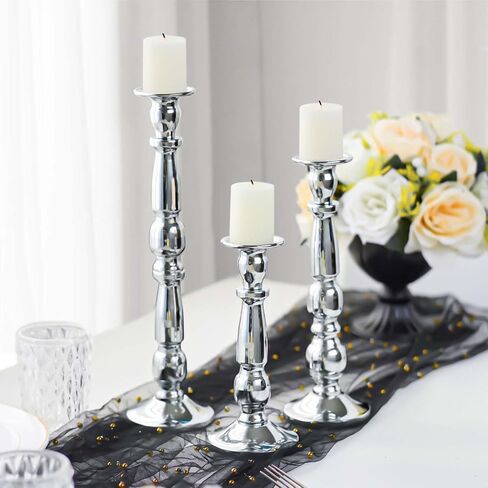 Silver Metal Candlesticks Set of 3, Pillar Taper Candle Holders, Metal Centerpiece Tall Candlesticks Set Candle Holders for Wedding Table Centerpieces, Living Room, Dining Room, Fireplace in Saudi Arabia