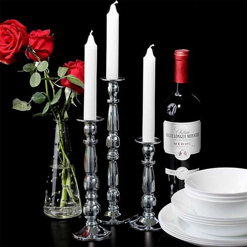 Silver Metal Candlesticks Set of 3, Pillar Taper Candle Holders, Metal Centerpiece Tall Candlesticks Set Candle Holders for Wedding Table Centerpieces, Living Room, Dining Room, Fireplace in Saudi Arabia