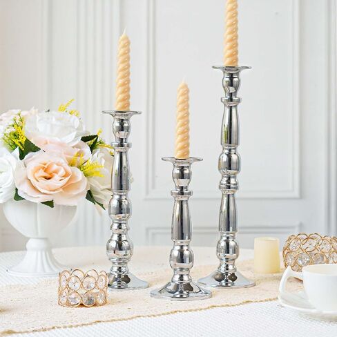 Silver Metal Candlesticks Set of 3, Pillar Taper Candle Holders, Metal Centerpiece Tall Candlesticks Set Candle Holders for Wedding Table Centerpieces, Living Room, Dining Room, Fireplace in Saudi Arabia