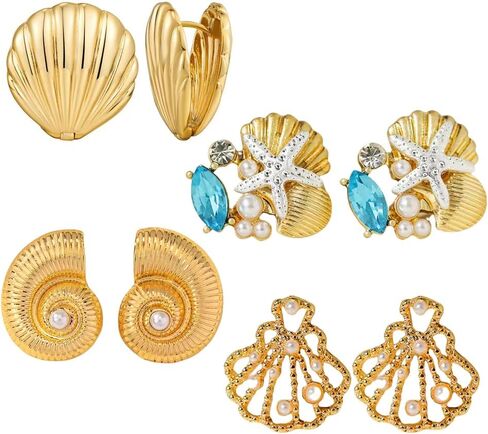 Chunky Gold Earring for Women Seashell Earrings Ocean Conch shell Earrings set Cute Pearl Earring Clip on Everyday Earring for Women in Saudi Arabia